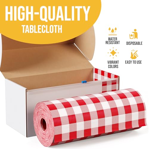 Image of Party Solids 54 Inch X 300 Feet Red Gingham Plastic Table Cover Roll in A Cut - to - Size Box with Convenient Slide Cutter. Cuts Up to 36 Rectangle 8 Feet Plastic Disposable Tablecloths