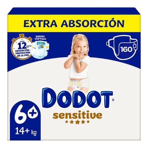 Dodot Sensitive Extra Absorción Talla 6+ (+14 kg) Pack Ahorro 160 Pañales, Protección Suave para Pieles Sensibles