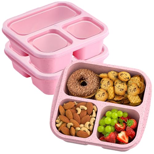ZHUIYIWIN Cajas de aperitivos (paquete de 3), loncheras Bento reutilizables con 3 compartimentos para niños y adultos, recipientes divididos de almacenamiento de alimentos para la escuela (Rosa, 3)