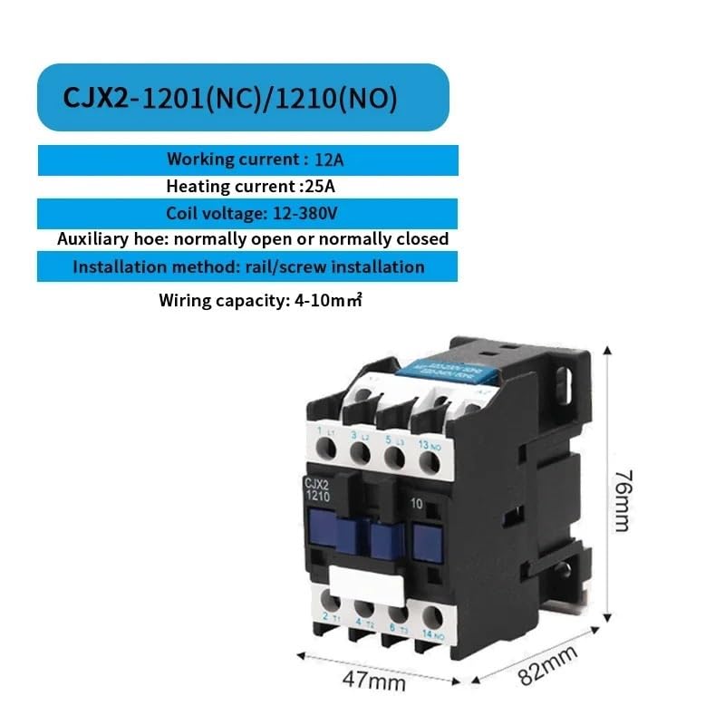 CJX2-1201/1210 50/60HZ 12A AC contactor Din Rail Mounted 3P+1NO Normal Open Contactor 24V-380V(CJX2 220V NC)