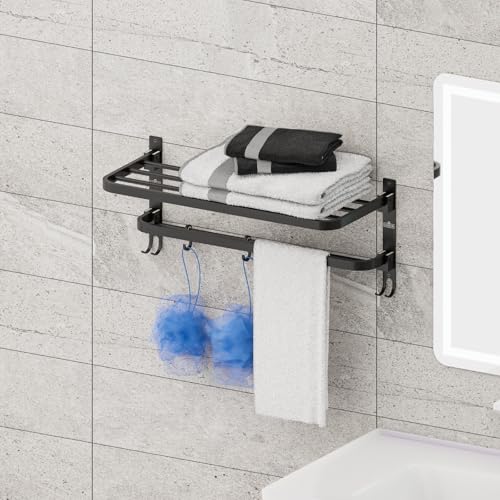 Image of Towel Rack for Bathroom, Shelf for Wall with Towel Hooks, Towel Rack, Kitchen Accessories Items Wall Mounted for Heavy-Duty Elegance (Black, 18 Inch)