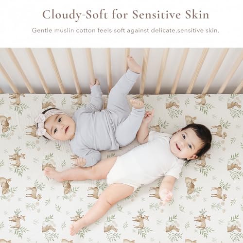 Image of Konssy Muslin Crib Sheets 2 PCS, 100% Cotton Baby Crib Sheets for Standard Crib Mattress (28 inchx 52 inch), Soft and Breathable for Boys, Girls (Woodland,Sage)