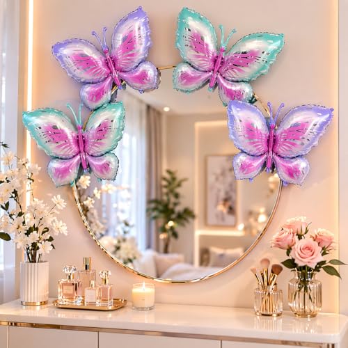 Image of Wanna Party Butterfly Balloons - 4 PCS Pink Purple & Blue Mylar Foil Balloons for Girls Women's Butterfly Theme Party Wedding Birthday Baby Shower Decoration