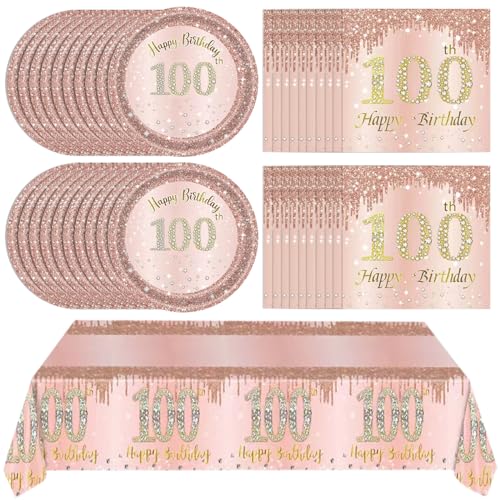41Pcs 100th Birthday Decorations, Rose Gold Birthday Party Supplies Include 20Pcs Plates 20Pcs Napkins and 1Piece Tablecloth, Sweet One Hundred Year Old Birth Party Tableware for Girl Ladies Women