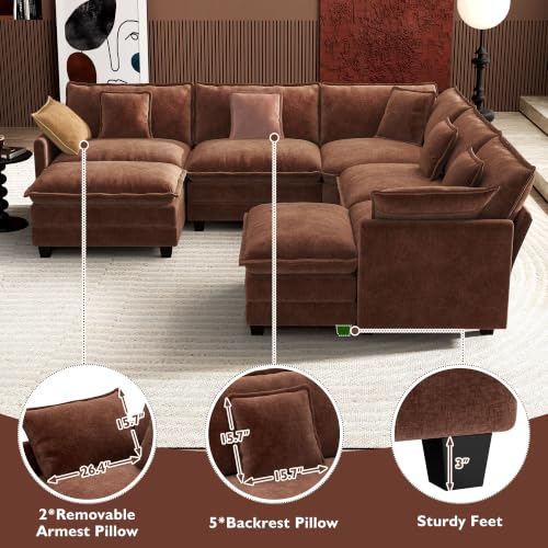 Image of Ihanherry 114 inch V-Shaped Modern Sofa Modular Sectional Luxurious and Comfortable with 2 Ottoman, 7-Seat Chenille Deep Seat Sofa with Corner Section for Living Room, Bedroom and Apartment, Brick Red