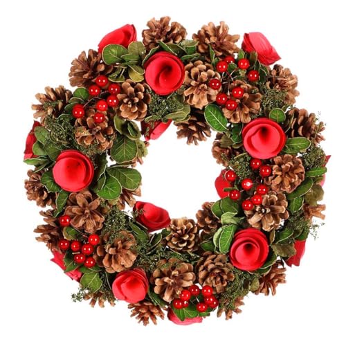 14 Decorated Red Rose & Pine Cone Artificial Winter Wreath (BJ92)