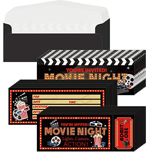 Woanger 50 Pieces Movie Party Invitations with Envelopes Movies Night Invitations 25 Film Tickets 25 Envelopes for Birthday Baby Shower Film Night Red Carpet Party(Movie)
