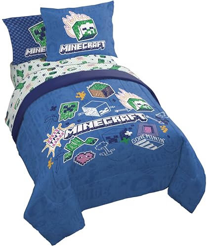 Image of Minecraft Creeper Twin Comforter Set 5 Piece Kids Bedding for Girls, Blue | Gaming, Bed in a Bag, Comforter Sheets Sham Pillowcase, Official Product, Soft Microfiber, Machine Washable, Girls Gift