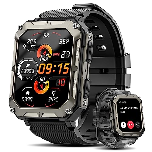 Rgthuhu Military Smart Watches for Men (Answer/Make Call), 100M Waterproof Rugged Smart Watch for Android Phones and iPhone, 1.9″ Outdoor Sports Fitness Tracker with Heart Rate, Sleep Monitor, Black
