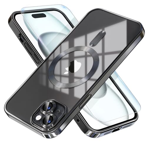 Image of Misea Magnetic for iPhone 15 Plus Case Compatible with MagSafe Black | [Never Yellowing] [Military Drop Protection] Full Camera Lens Protector Plating Soft Clear Phone Case for Women, Black
