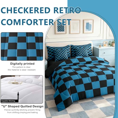 Image of Feelyou Checkered 7 Piece Bedding Set Teen Blue Black Plaid Comforter Set with Sheets King Size Kids Boys Cute Retro Neutral Checkerboard Geometric Bed in a Bag Vintage Aesthetic Room Decor