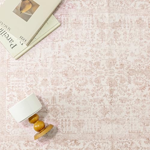 Pink Area Rug 5x8 Machine Washable Vintage Living Room Distressed Non Slip Carpet Traditional Indoor Bedroom Retro Floral Accent Throw Large Rug Office Kitchen Bathroom Dining Room