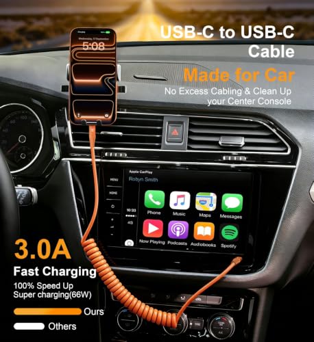 Image of USB C to C Cable 6FT, 2Pack Coiled USB C Fast Charging Cable for CarPlay