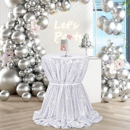 Image of B-COOL Round Tablecloth Silver Decorations: 90 Inch Tablecloth Sequin Overlay Glitter Fabric for Birthday Dinner Parties