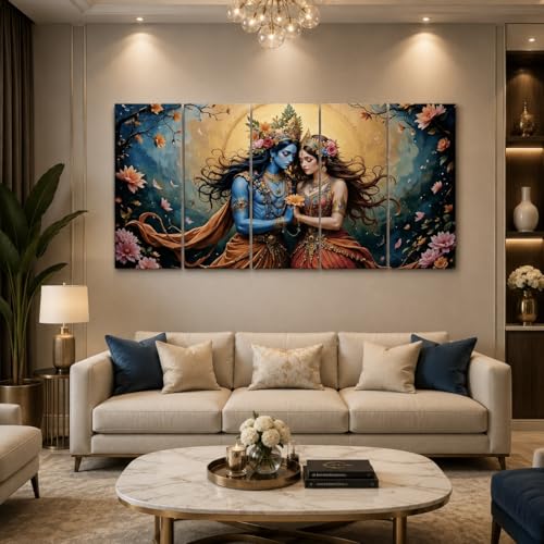 Image of RAVLEX Radha Krishna Wall Painting Wooden Framed UV Printed Wall Art for Living Room Bedroom Home Decor, 5 Panel Religious Wall Frame for Office Hotel Drawing Room, 24x48 Inch