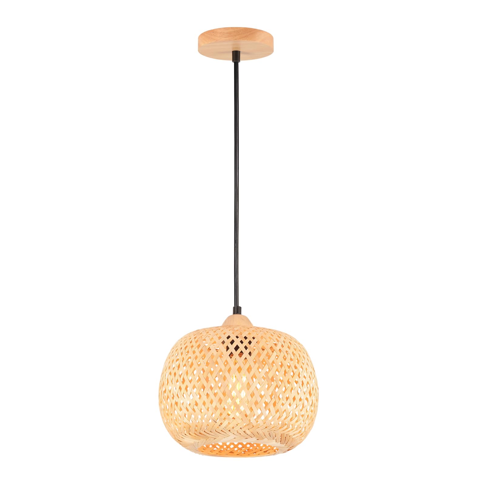 Suspension en Bambou Tissage Lustre Style Bohème Abat-jour en Bambou Lampe Suspendue Vintage Luminaire Plafonnier de Décoration pour Cuisine Salle à Manger Salon Café, Ø25cm