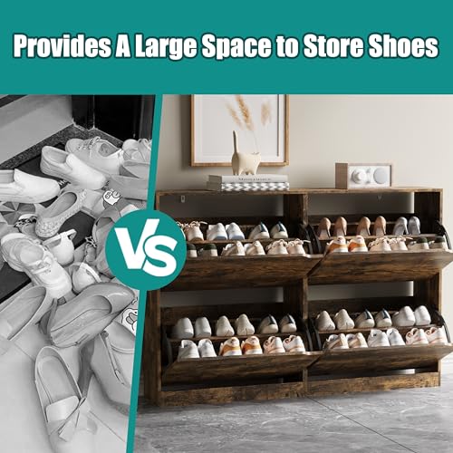 Image of Xixini Shoe Storage Cabinet for Entryway with 4 Flip Drawers, Sturdy Wood Hidden Shoe Storage, Freestanding Narrow Slim Shoe Organizer for Front Door Entrance, Living Room, Hallway, Bedroom, Brown