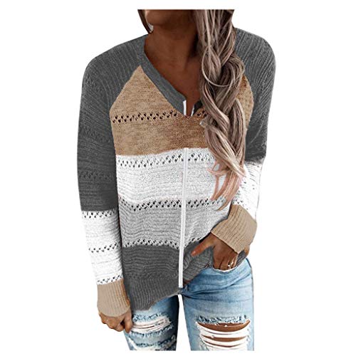 Sudadera con cremallera para mujer, cuello de pico, color bloque de color, sudadera a rayas, sudadera con capucha, tops de otoño, Brown-3, XXL