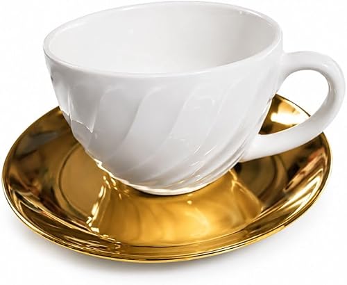 Porcelain Cup and Saucer Set, 12 Piece, 200ml, Gold and Silver, for Tea and Coffee (Gold Saucer)