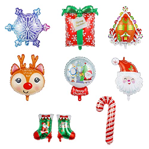 GoldRock 8 globos de Navidad, cabeza de alce, copos de nieve, casa de caramelo, barra de azúcar, caja de regalo y bola de cristal, globos decorativos de Navidad Cover