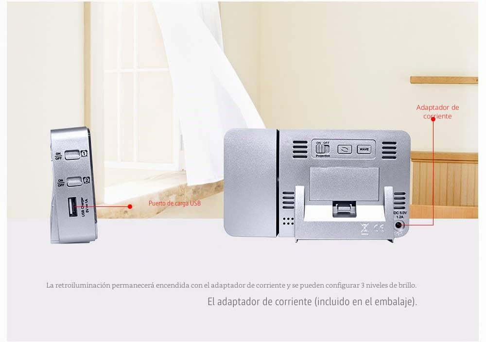 Reloj con Proyector con Doble Alarmas, Reloj Digital con Carga USB, Función Snooze, Humedad y Temperatura Interior, 12/24 Horas, Fecha