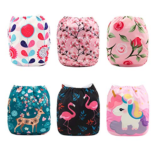 Image of babygoal Reusable Cloth Diapers for Baby Girls, One Size Adjustable Washable Pocket Nappy Covers 6 Pack+ 6pcs Microfiber Inserts+4pcs Bamboo Inserts 6FG10