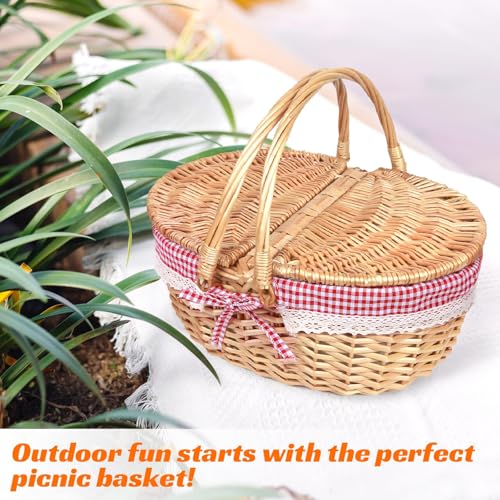 Cesta de Picnic de Mimbre Estilo Campestre con Tapa Ovalada y Forro Rojo, Asa Resistente y Forro Extraíble, Cesta de Almacenamiento para Picnic, Fiestas, Barbacoas y Camping DecoracióN del