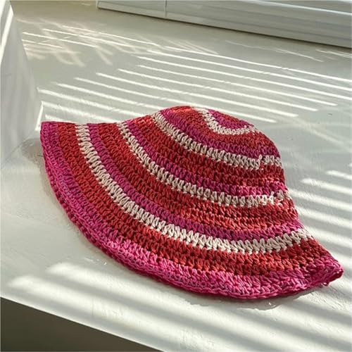 Girl Woman Weaving Hat Rainbow Color Seaside Sunshades Hat for Summer for Travel Beach Vacation(Green)4