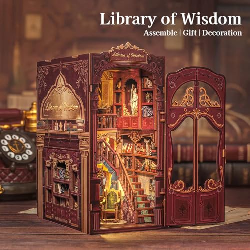 Figured’Art Book Nook Kit – Die Bibliothek der Weisheit – Modell zum Bauen mit LED-Lichtern – Diorama 3D DIY Buchstütze für Bibliothek und Dekoration Miniaturhaus – französische Marke