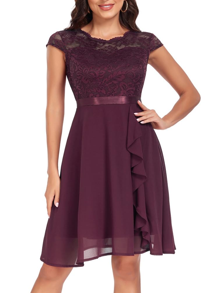 shownicer Abito Cocktail Donna Elegante Abito Cerimonia Maniche Corte Vestito in Chiffon Vita Alta Vestiti in Pizzo