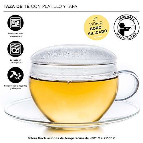 Creano Conjunto de 2 Taza de Vidrio con Platillo y Tapa, Práctica para los Tés de Floración, ExqusiTea, Capuchino, Latte… - Imagen 4