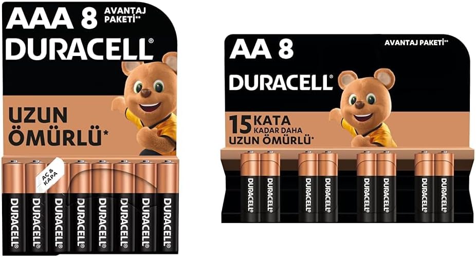Duracell Alkalin AAA İnce Kalem Piller, 1,5 V LR03/MN2400, 8'li Paket + Duracell Alkalin AA Kalem Piller, 1,5 V LR6/MN1500, 8'li Paket