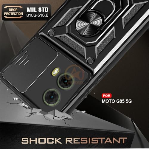 Image of Armor Bumper Back Cover Case for Motorola Moto G85 5G Rotating Camera Cover, Ring Holder & Kickstand | Heavy Duty & 360 Degree Protection Motorola Moto G85 5G Back Cover (Black)