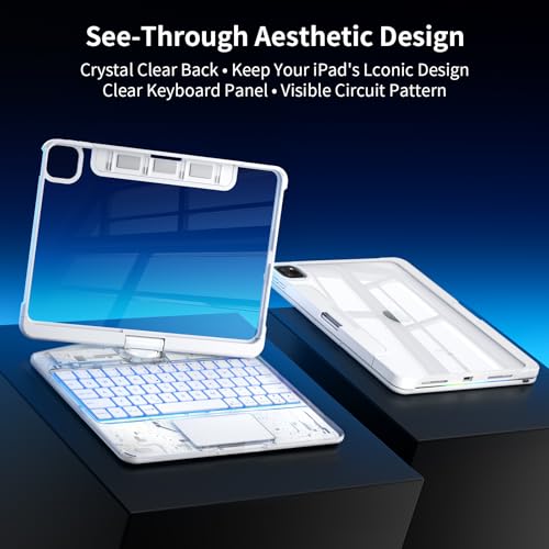 Image of Transparent Keyboard Case for iPad Pro 11 Inch (M5 2025 /M4 2024) with Multi-Touch Trackpad, 360 Rotating Stand, 7-Color 3-Level Backlit, Wireless Bluetooth, Pencil Holder,White