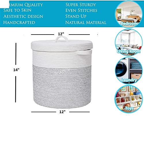 Image of GRATIFY Mansa Traders 12 inch x 12 inch x 14 inch Large Storage Basket with Lid, Cotton Rope Storage Baskets, Laundry Hamper, Blankets Pillows Storage in Living Room Baby Nursery, White&Black Stiches with Cover