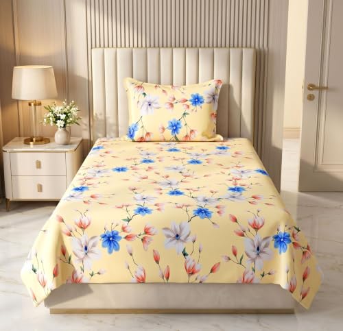 Image of HOMEKART Cotton Single Bedsheet with 1 Pillow Cover | 210 TC Premium Cotton Bed Sheet | Soft, Breathable, Lightweight & Wrinkle Resistant | 60 x 90 Inches Single Size Bedding