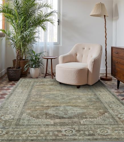 Bavni 8x10 Washable Area Rug for Living Room, Non Slip, Vintage Sage Green