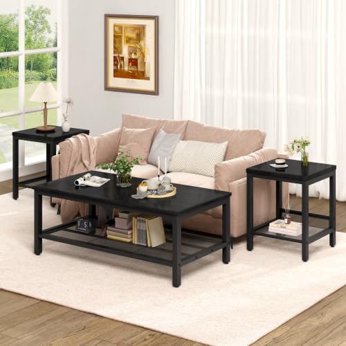 Image of 3-Piece Coffee Table and End Table Sets for Living Room, Industrial Coffee Table Set of 3 with Storage, Modern Farmhouse Rustic Living Room Table Set for Apartment Home Office