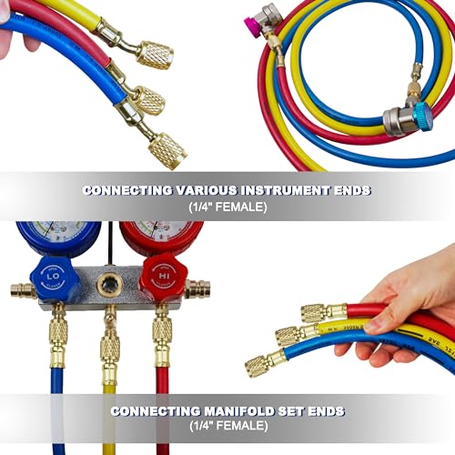 BACOENG Klimaanlage Auto Befüllen Set, R134a Kältemittel Nachfüllset mit 150cm Schlauchset Schnellkupplung, Manifold Gauge Set Geeignet für Kältemittel R134A R410A R407C-5
