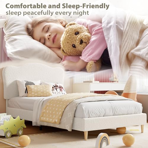 GarveeHome Upholstered Twin Size Bed Frame for Kids with Scallop Headboard, Cute Velvet Twin Bed for Girls, Boys, Sturdy Platform Bed, No Box Spring Needed, Wooden Slats, Noise Free, White