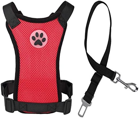 Kosttapaws Dog Car Vest Harness Seatbelt Set, Dog Car Adjustable Pet Harness with Safety Seat Belt, Double Breathable Mesh fabric Harness with Vehicle Connector Strap For Small Medium Large Dogs
