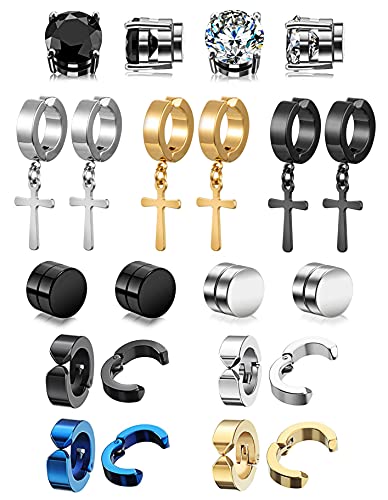 11 Pairs Non-pierced Earrings Set for Men Women Cross Titanium Steel Hoop Dangle Clip On Earring