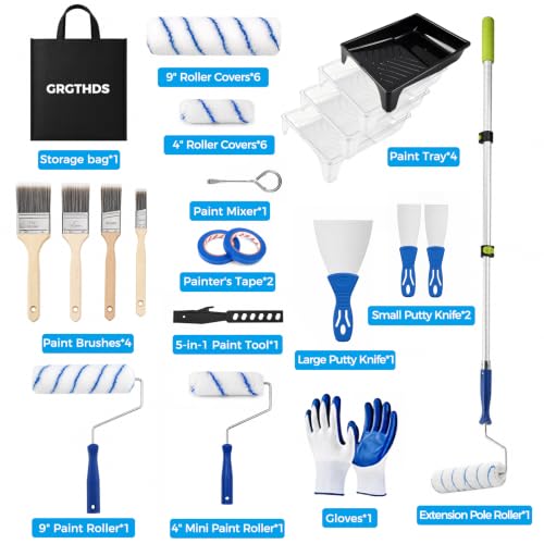 Kit de rodillos para pintura 33 piezas con poste extensible de 1.7-4 pies y bolsa de transporte, suministros para pintura de paredes con rodillos de 4" y 9", pinceles, bandeja con forros, guantes y cintas para paredes, techos, pisos, pintura en el hogar miniatura 5