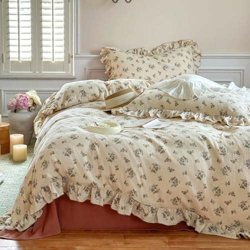 Image of VM VOUGEMARKET 100% Muslin Cotton Duvet Cover Set Twin for Teen Girls,Vintage Flower Comforter /Quilt Cover with Romantic Ruffles,Soft, Breathable & Lightweight