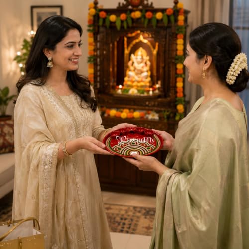 Image of Trendifly Decorative Metal Pooja Thali Set with 5 Diya Holder | Kundan Stone Mirror Work Puja Aarti Thali Set for Home Mandir Temple Room | Home Ceremony Pooja Wedding Baby Shower Return Gifts Items