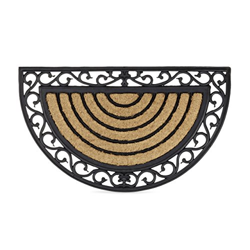 Relaxdays Paillasson fibres de coco 75x45 cm tapis de sol antidérapant demi-rond rayé motifs résistant aux intempéries, noir/nature