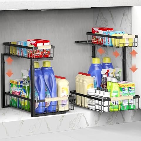 Turfson Kitchen Under Sink Organizer and Storage,2 Tier Pull Out Bathroom Cabinet Organizer 3 Adjustable Height Shelf Basket Organizer Extra Large Capacity Rustproof Steel Counter Organization Cover