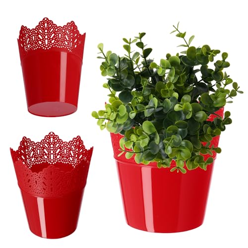 KADAX Macetero de encaje de plástico, 11 colores, maceta de encaje con protección para macetas de oficina, maceta, jardín, maceta, maceta, maceta, maceta, maceta (14,5 cm, baja, roja)