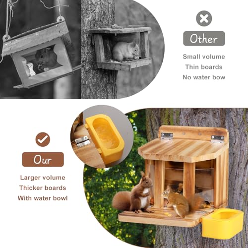 MIXXIDEA Wooden Squirrel Feeder with Water Bowl, Large Capacity Squirrels Feeders for Outside, Sturdy Construction, No Assembly Lovely Chipmunk Feeder for Corn, Peanut, Nuts, Chestnuts (Brown-1pk)