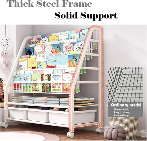 رف كتب للاطفال مع منظم تخزين الالعاب معدني كبير 8 صناديق العاب وكتب 2 في 1 عجلات لغرفة الاطفال والحضانة وغرفة اللعب النوع C